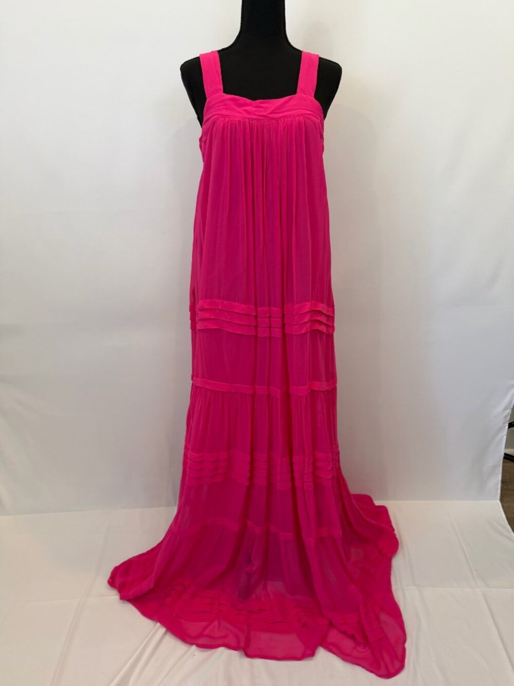 Anthropologie Hot Pink Tiered Chiffon Maxi Dress Square Neck Pintuck 6 NWOT